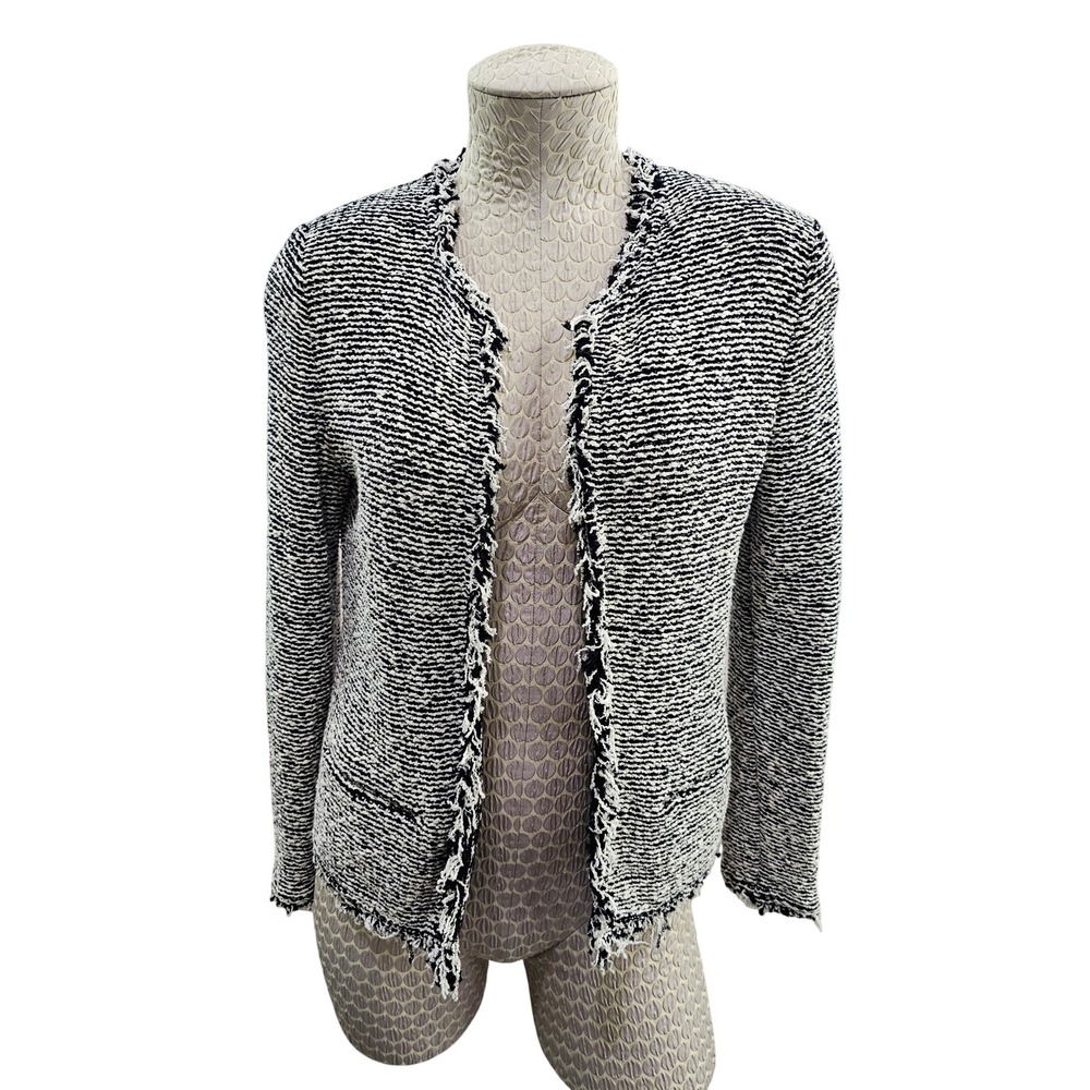 IRO Azure Tweed Jacket Womens 38 Black White Frayed Trim Boucle Open Front Knit